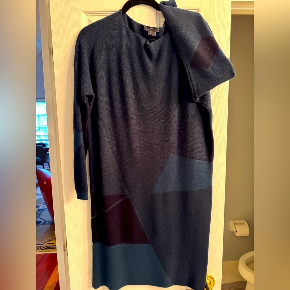 Vince cashmere wool blend Navy and Teal Long Sleeve Dress M